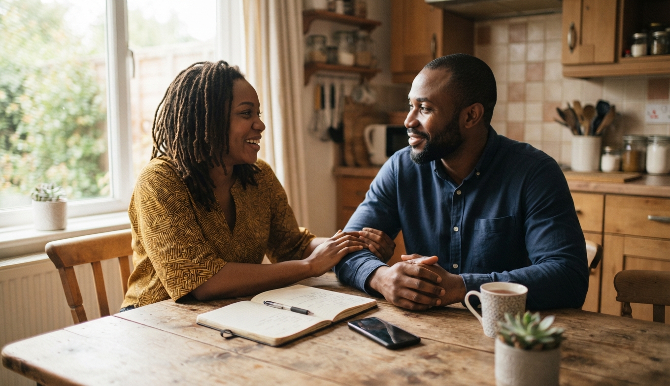 Married couple having a calm conversation about money